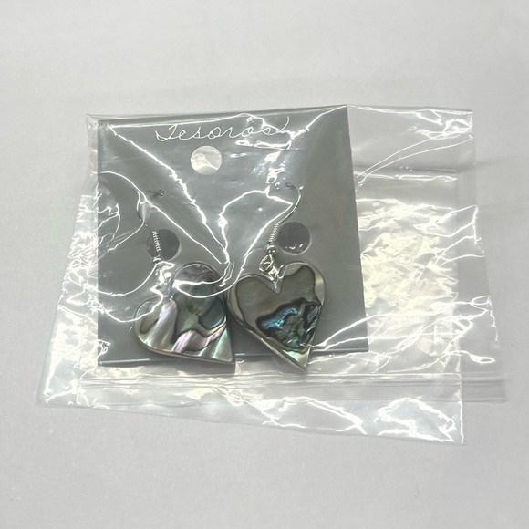 Vintage Taxco Mexican Alpaca Abalone Heart Earrings - Picture 2 of 5